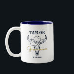 Taza Bicolor Vaqueros de la vieja frontera occidental personali<br><div class="desc">Regalos personalizados para los padrinos con tema de vaquero del oeste. Decorada con gorra de vaquero con letra occidental vintage. El texto y el color de fondo son editables utilizando la herramienta de diseño para que se ajuste a su ocasión. Obtén este regalo de personalizar para boda, despedida de soltero,...</div>