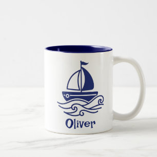 Taza Bicolor Velero Azul Minimalista Navegando Marítimo