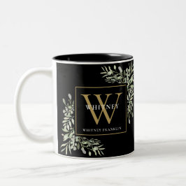 Taza Bicolor Verde Elegante Monograma Personalizado de Oro Negr