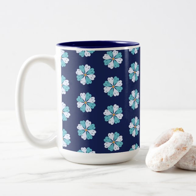 Taza Bicolor Vibrant Blue Floral Motif (Con donut)