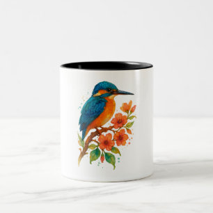 Taza Bicolor Vibrante Kingfisher con flores - Arte acuarela