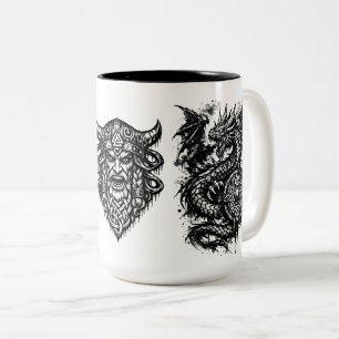 Taza Bicolor Viking, Dragón y Doncella Escudo: Tinta Mítica Nór