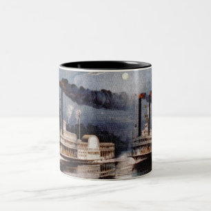 Taza Bicolor Vintage Carreras de barco de vapor en río Misisipi