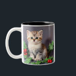 Taza Bicolor Vintage Christmas Kitten and Holly<br><div class="desc">¡Coffee Mug con un gatito vintage de Navidad y un santo! Un gatito adorable,  con ojos verdes,  posa con ramos de holly. ¡Un buen regalo para la temporada de Navidades y para los amantes del gato!</div>
