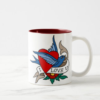 Taza Bicolor Vintage I Love U Bird, Heart Tattoo Art