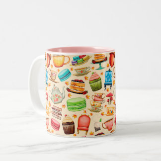 Taza Bicolor Vintage ilustración, Retro. cups, tea, cake