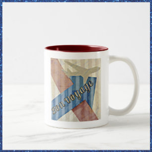 Taza Bicolor Vintage Look Beige Red & Blue Abstract Bon Voyage