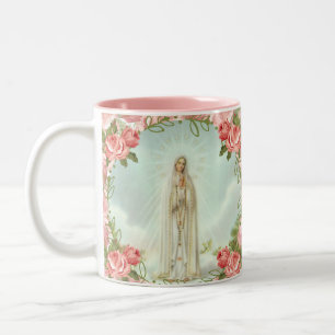 Taza Bicolor Virgen religiosa María Fátima Rosas de cosecha ros