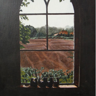 Taza Bicolor Vista del paisaje rural desde la ventana de la igl