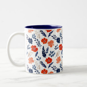 Taza Bicolor Watercolor Azul y Naranja Patrón Floral BOHO