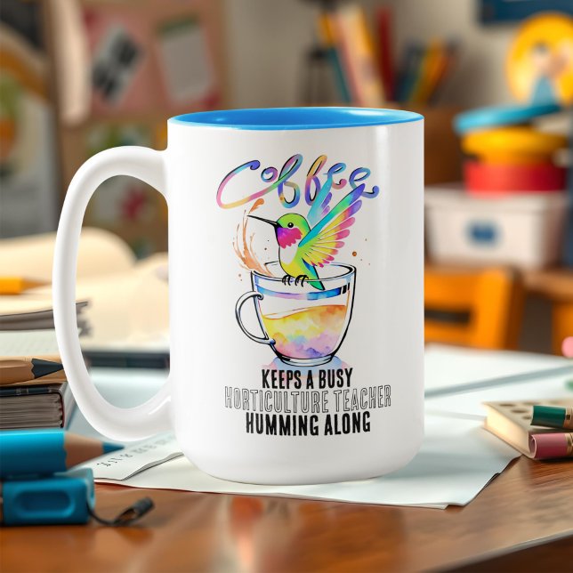 Taza Bicolor Watercolor Hummingbird y Coffee Lover Maestro ocup (Personalized teacher appreciation coffee mug with cute watercolor hummingbird pun: Add any job title)