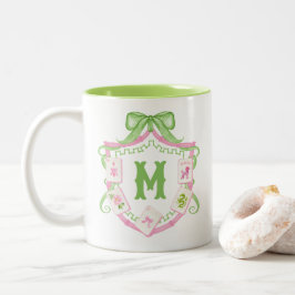 Taza Bicolor Watercolor Pink & Green Bow Mahjong Monogram Crest