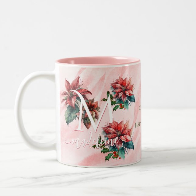 Taza Bicolor Watercolor Red Poinsettia Mistletoe Name Navidades (Izquierda)