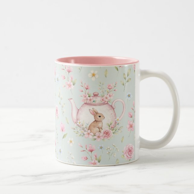 Taza Bicolor Whimsical Bunny Teapot Floral Spring  (Derecha)