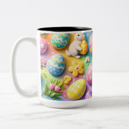 Taza Bicolor Whimsical Easter bunny and colourful egg pattern c