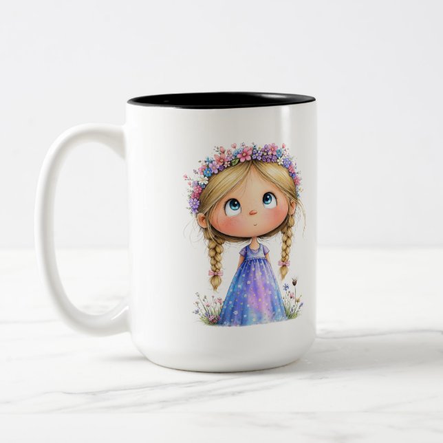 Taza Bicolor Whimsical Flower Crown Girl Cute Kids Art (Izquierda)