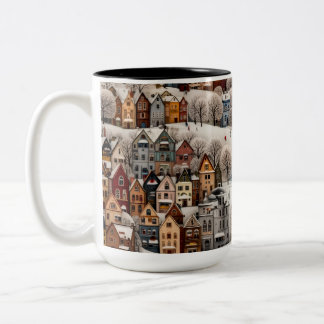Taza Bicolor Winter Village Scene Cozy Snowy Town 