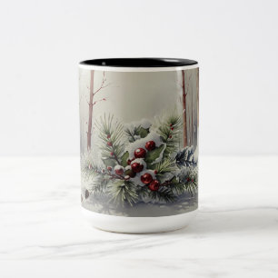 Taza Bicolor Winter Wonderland Mug   Evergreen Pine Red Berries