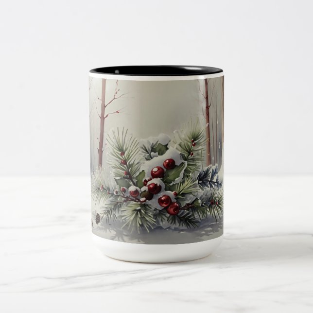 Taza Bicolor Winter Wonderland Mug | Evergreen Pine Red Berries (Centro)