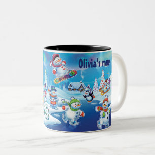 Taza Bicolor Winter Wonderland snow people mug custom name