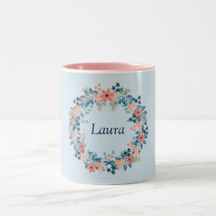 Taza Bicolor Wreath floral rosa y azul bonito