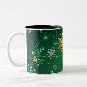 Taza Bicolor Xmas Golden Snowflakes on Green Background