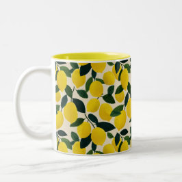 Taza Bicolor Yellow Lemons Pattern Citrus Fruit Mediterranean