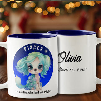 Taza Bicolor Zodiac Pisces Cute Acuarela Perro fecha de nombre