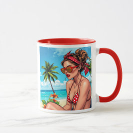 Taza Bikini rojo, gafas de sol y mujer andana