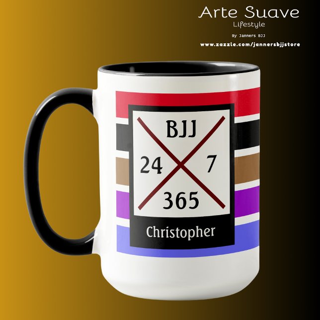 Taza BJJ Brasil Jiu Jitsu 24 7 365 Nombre de franjas de (Personalized BJJ 24/7/365 large coffee mug.)