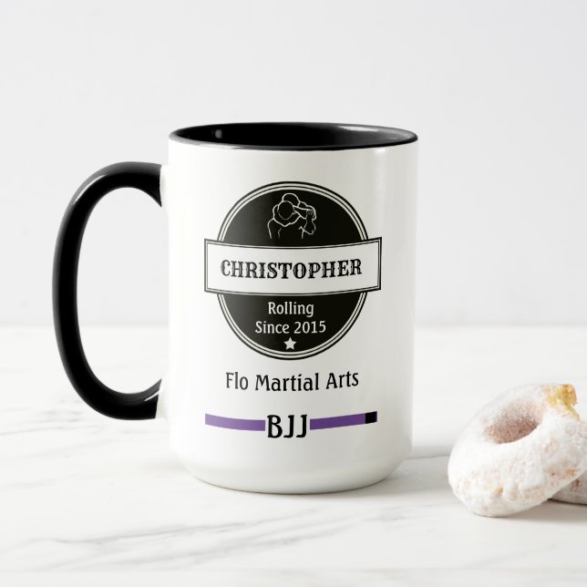 Taza BJJ Jiu Jitsu Choke Purple Belt Name Club Y Date (Con donut)