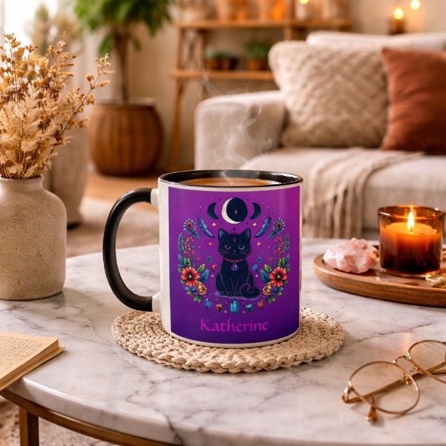 Taza Black Cat Celestial Mystical Purple Pink (Subido por el creador)