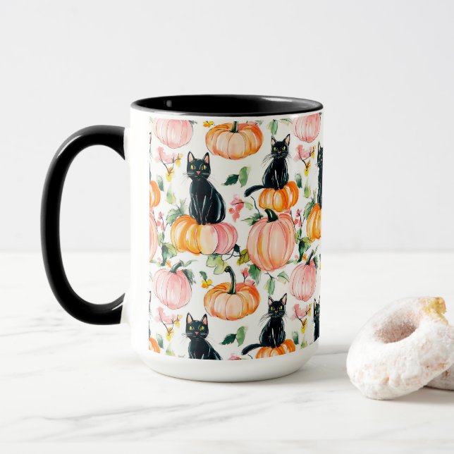 Taza Black Cat & Pumpkin Fall Spooky Halloween Coffee  (Con donut)