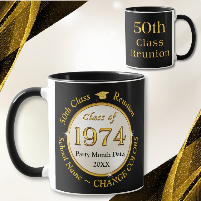 Taza Black Gold White, Souvenirs de 55 años de clase, (Class of 1974 Reunion. 50 year class reunion souvenirs. Black and Gold. 50th class reunion ideas.)