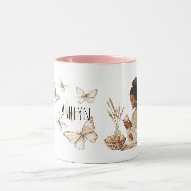 Taza Black Hair Girl Easter Eggs Butterflies (Centro)