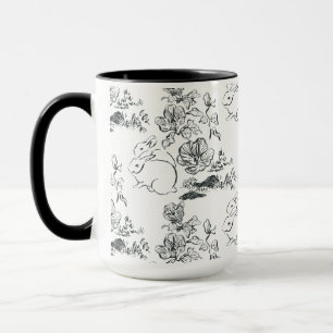Taza Black Line Art Cute Rabbit and Flower