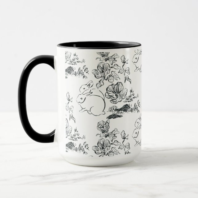 Taza Black Line Art Cute Rabbit and Flower (Izquierda)