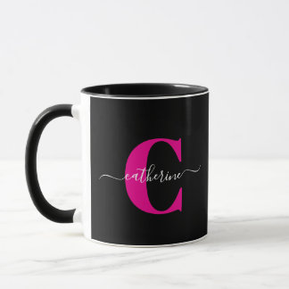 Taza Black Pink Modern Stylish Script Monogram Name