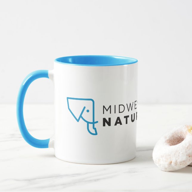 Taza blanca azul del logotipo de MMNH (Con donut)
