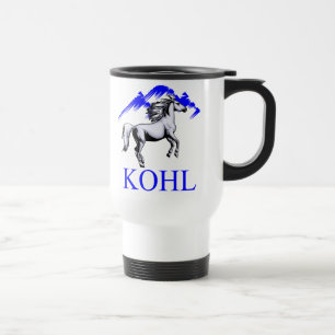 Taza blanca del viaje con el logotipo de Kohl