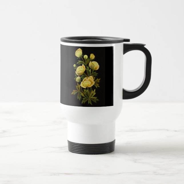 Taza blanca intemporal del viaje de Globeflower (Derecha)