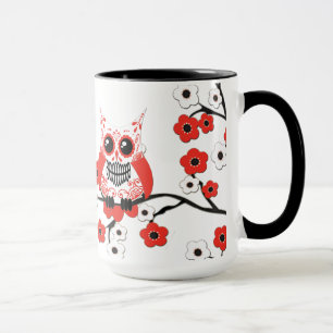 Taza blanca roja del búho de la flor de cerezo