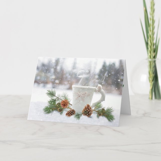 Taza blanca y tarjeta de Navidad verde de la nieve (Anverso)
