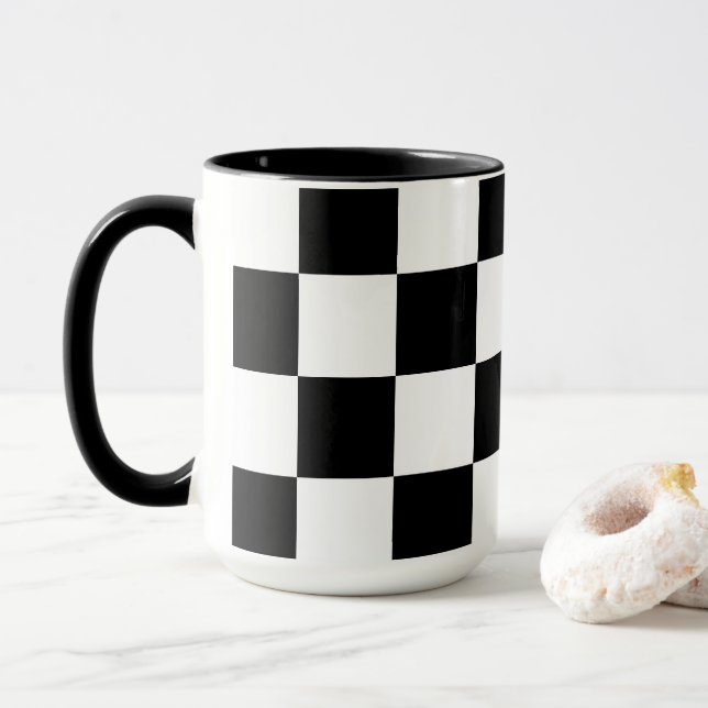 Taza Blanco con patrón cuadrado negro Combo de 15 oz (Con donut)