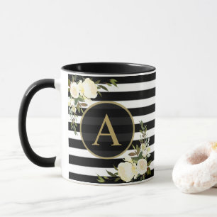 Taza Blanco del negro del monograma del oro de los