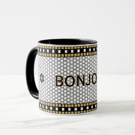 Taza Blanco negro mosaico y oro con texto Personalizado
