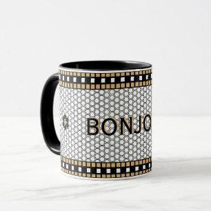 Taza Blanco negro mosaico y oro con texto Personalizado