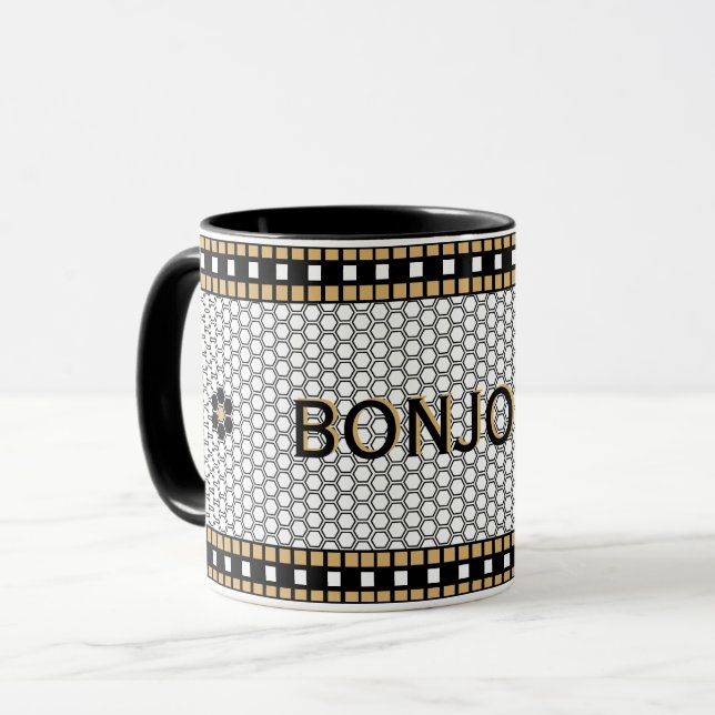 Taza Blanco negro mosaico y oro con texto Personalizado (Anverso izquierdo)