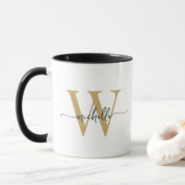 Taza Blanco y Dorado Nombre de Monograma Elegante Scrip