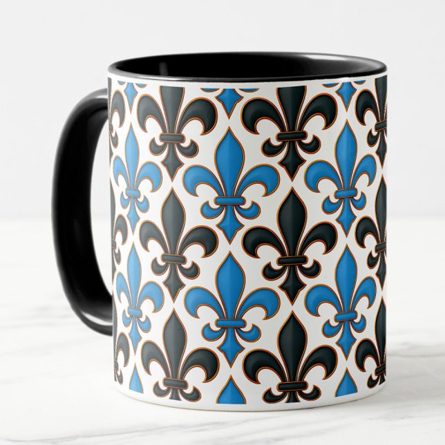 Taza Blue Black Baroque Fleur-de-lis Pattern Design  (Subido por el creador)